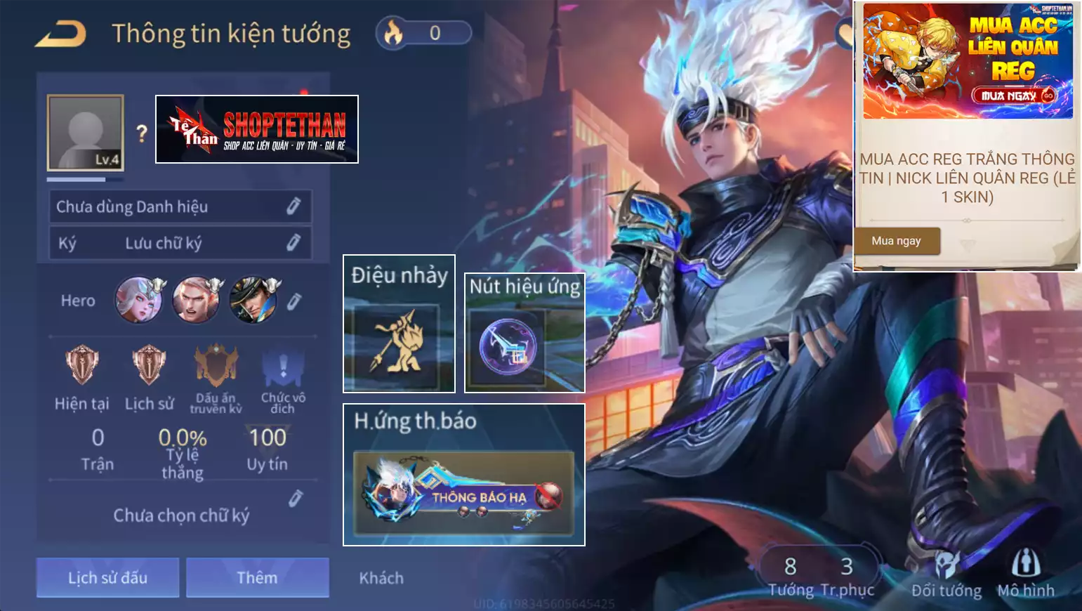 ACC REG Nakroth quỷ thương liệp đế, full phụ kiện, sẵn tướng, free đổi tên, trắng thông tin... bao ban/bao back